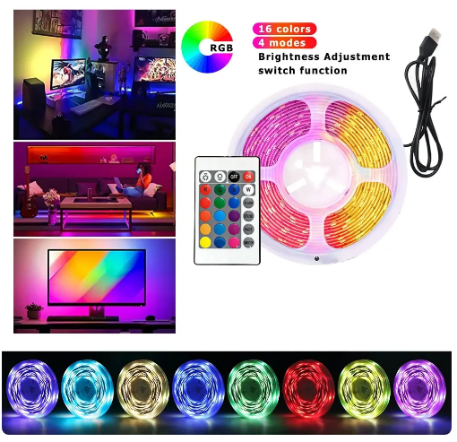 Bande lumineuse LED avec télécommande, lumières RVB, USB 10m