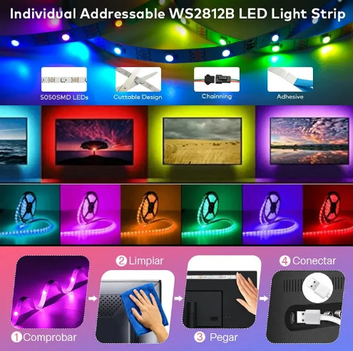 Bande lumineuse LED avec télécommande, lumières RVB, USB 10m