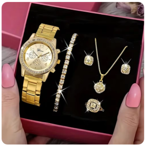 Ensemble de montre en or pour femme, bague de luxe, collier, boucles d'oreilles, bracelet, 5 pièces