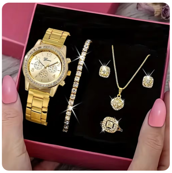 Ensemble de montre en or pour femme, bague de luxe, collier, boucles d'oreilles, bracelet, 5 pièces