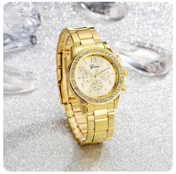 Ensemble de montre en or pour femme, bague de luxe, collier, boucles d'oreilles, bracelet, 5 pièces