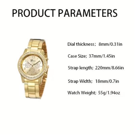 Ensemble de montre en or pour femme, bague de luxe, collier, boucles d'oreilles, bracelet, 5 pièces