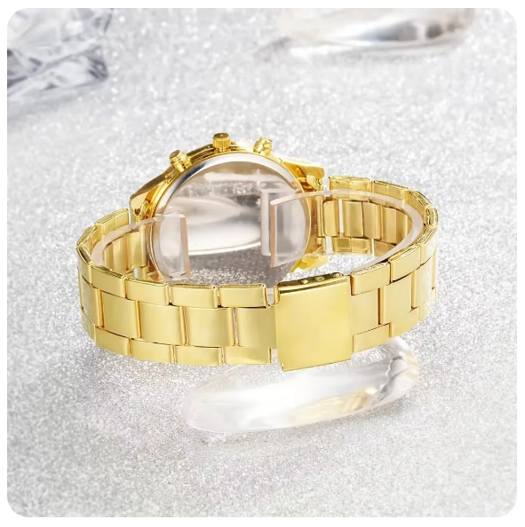 Ensemble de montre en or pour femme, bague de luxe, collier, boucles d'oreilles, bracelet, 5 pièces