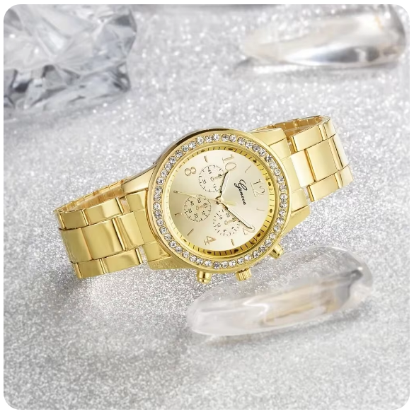 Ensemble de montre en or pour femme, bague de luxe, collier, boucles d'oreilles, bracelet, 5 pièces