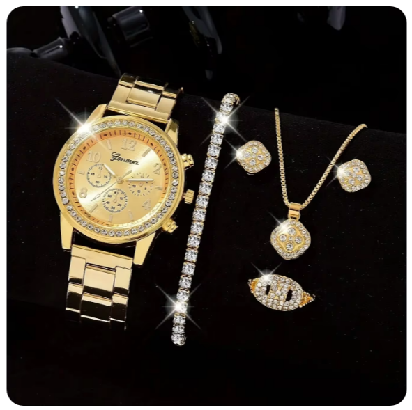 Ensemble de montre en or pour femme, bague de luxe, collier, boucles d'oreilles, bracelet, 5 pièces
