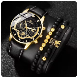 Montre-bracelet à quartz en cuir pour homme , ensemble de 3 pièces