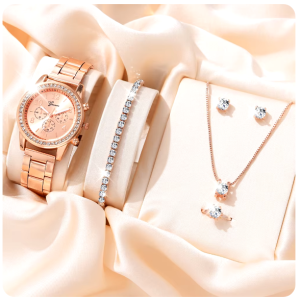 Ensemble montre de luxe , bague, collier, boucles d'oreilles, bracelet, 6 pièces pour femme