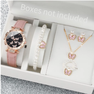 Montres sans Boite papillon , bracelet en cuir , ensemble de bijoux papillon, ensemble de 6 pièces