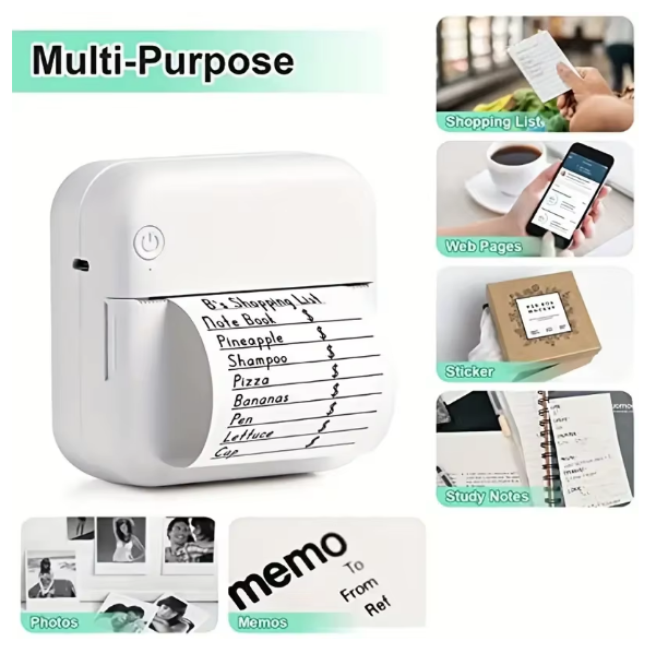 Mini imprimante thermique sans encre de poche portable, sans fil, +5 pièces de papier blanc