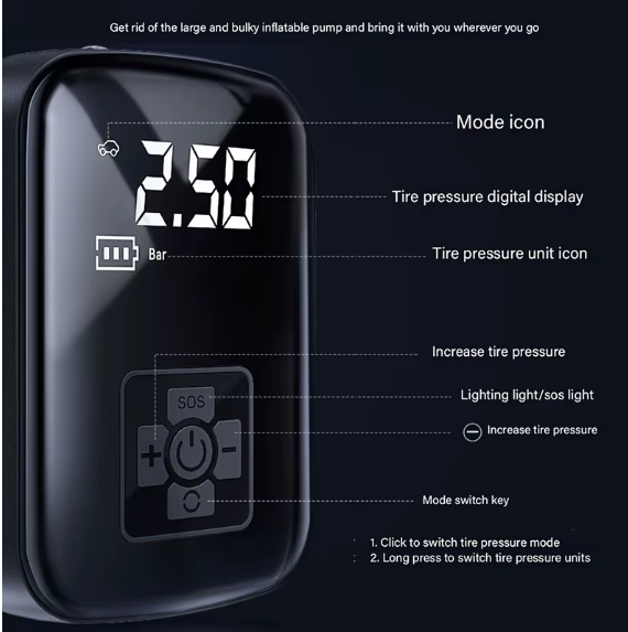 Pompe à air portable sans fil, utilisée pour gonfler la voiture, la moto et le vélo