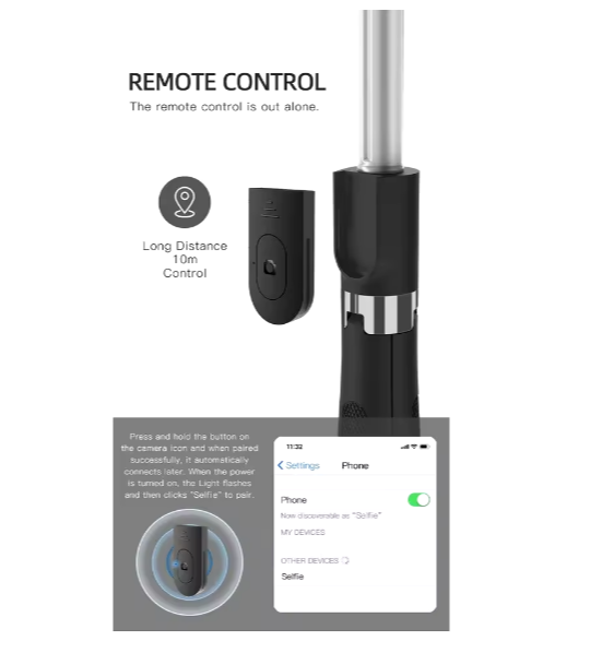 Trépied perche à selfie sans fil Bluetooth H1 Longueur 70cm, support de téléphone pour voyage en plein air, 3 en 1