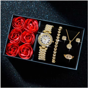 Ensemble montre-bracelet et collier en or pour femme, mode de luxe, cadeau de fête , 6 pièces