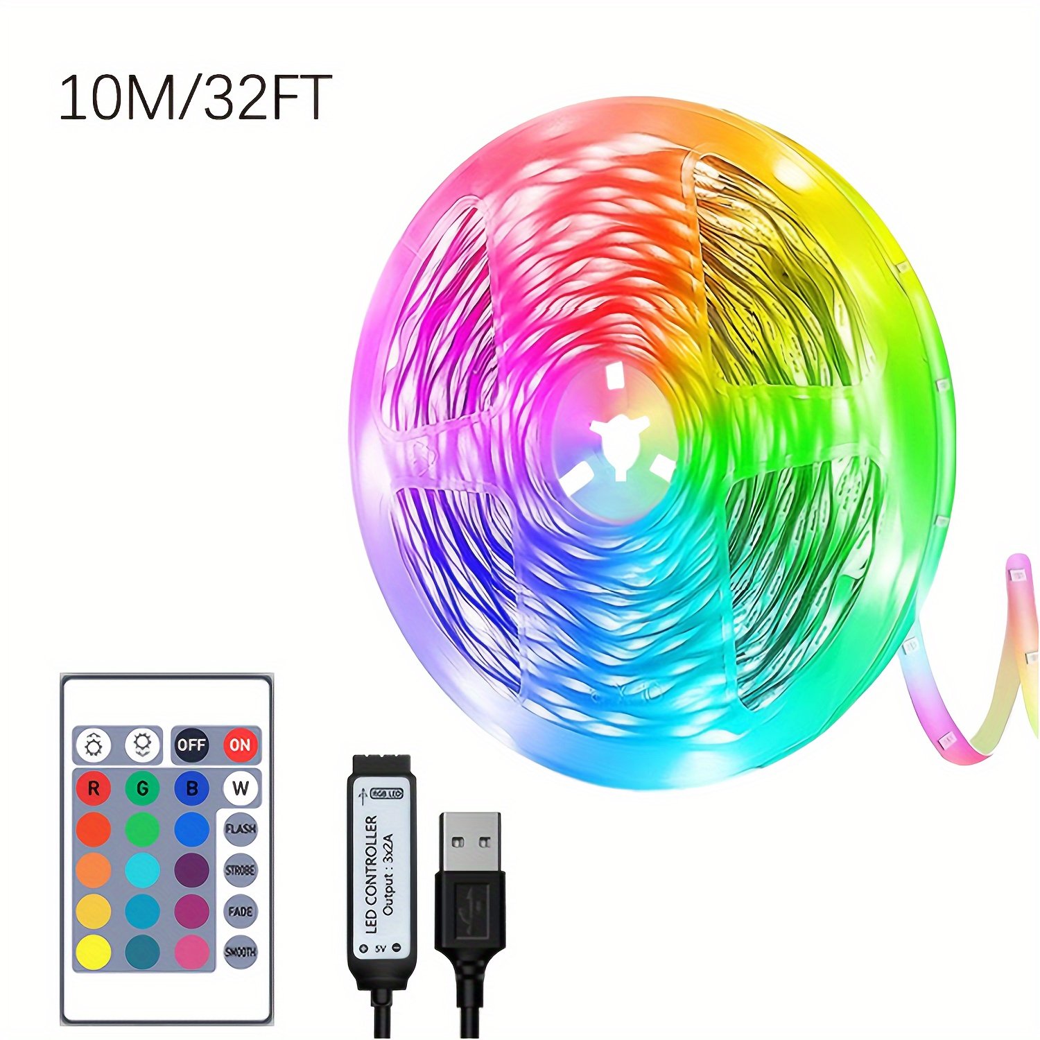 Bande lumineuse LED RGB 10 mètre, 5V basse tension, alimentée par USB, capteur infrarouge, couleur et luminosité réglables