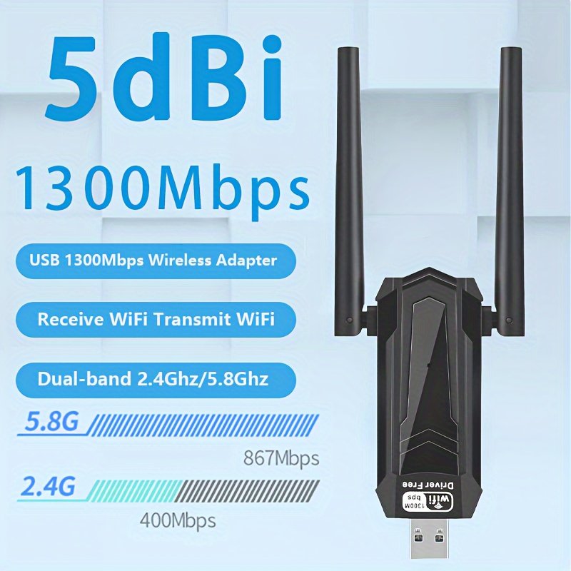 Adaptateur Wifi USB sans fil 1300Mbps 5Dbi pour PC avec antenne double bande intégrée 5.8G/2.4G, compatible avec Windows