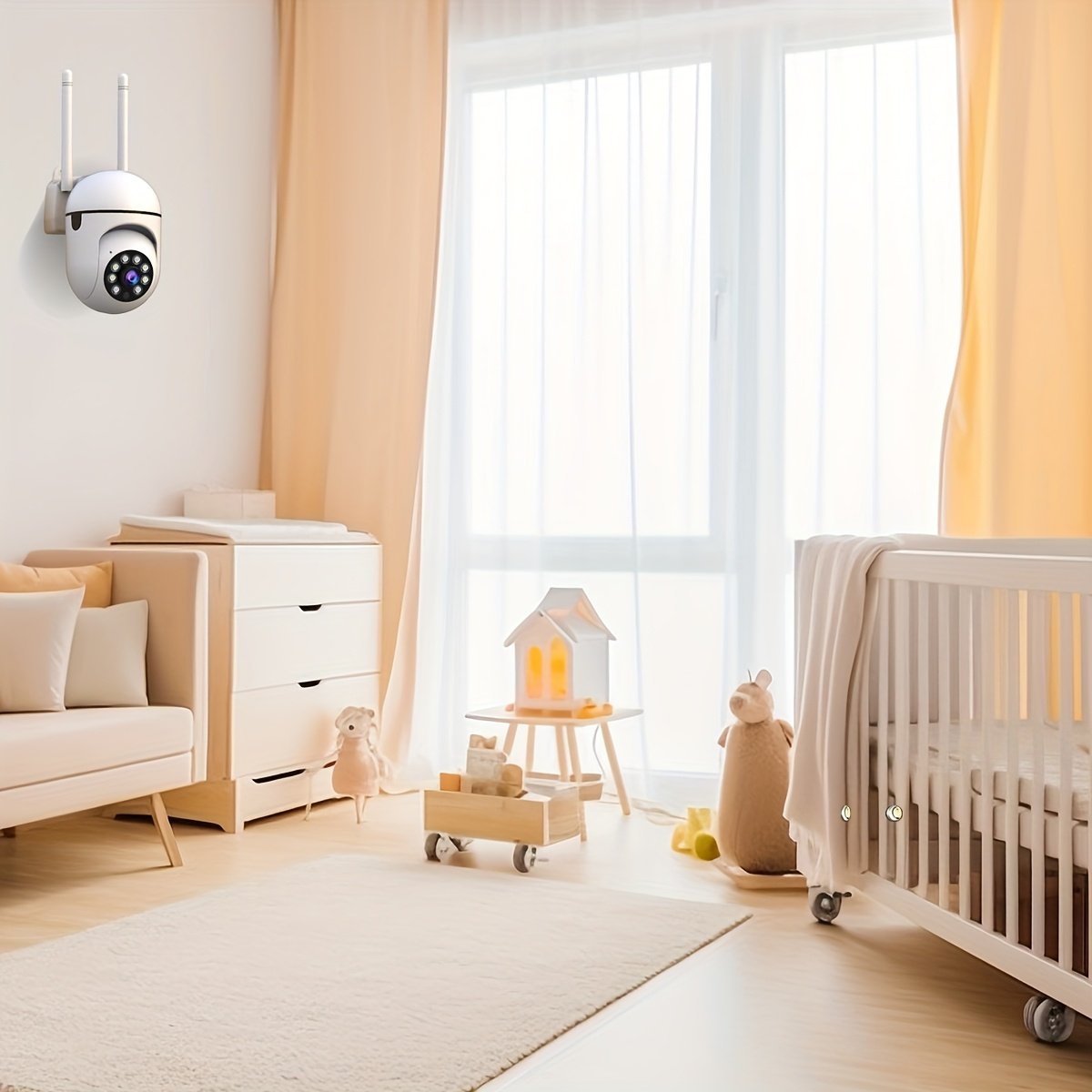 Caméra de Sécurité Intérieure JOOAN 1080P avec Vision Nocturne Couleur, Visée à 355°, Alertes de Mouvement, Audio Bidirectionnel, Montage Mural, Alimentée par USB, Compatible WiFi, Contrôle par Application - Non Étanche