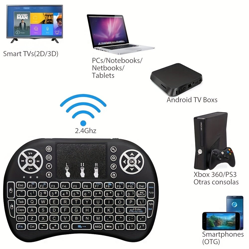 Clavier Sans Fil Mini i8, Souris Air et Touchpad 2.4G Portable avec Rétroéclairage 7 Couleurs pour Android TV Box et Ordinateur