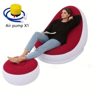 Chaise longue gonflable blanc et rouge avec repose-pieds - Légère, portable, matériau en caoutchouc facile à nettoyer, parfaite pour la relaxation en intérieur/extérieur