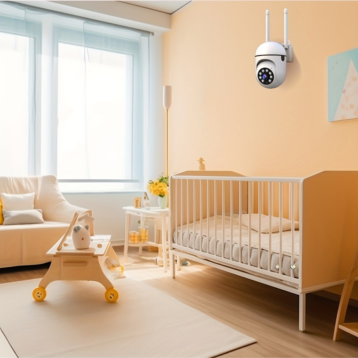 Caméra de Sécurité Intérieure JOOAN 1080P avec Vision Nocturne Couleur, Visée à 355°, Alertes de Mouvement, Audio Bidirectionnel, Montage Mural, Alimentée par USB, Compatible WiFi, Contrôle par Application - Non Étanche
