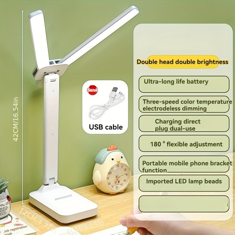 Lampe de Bureau à Double Tête Réglable avec LED, Lampe de Bureau Tactile et Dimmable, Conception Pliable pour Étude et Utilisation au Bureau - Chargement USB