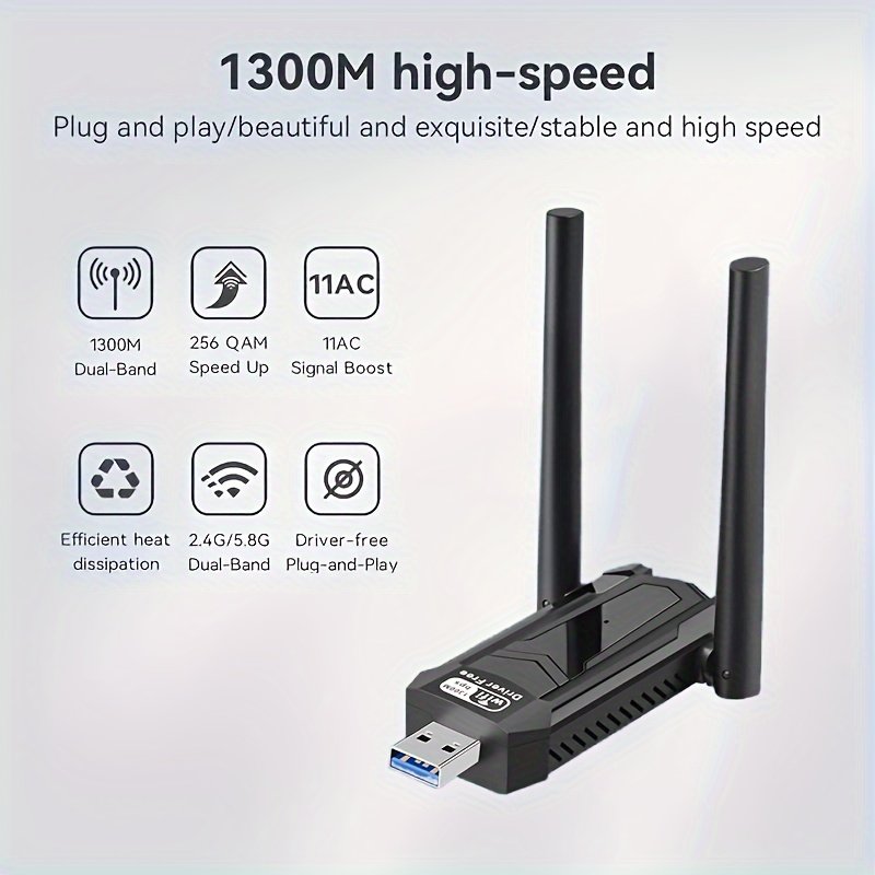 Adaptateur Wifi USB sans fil 1300Mbps 5Dbi pour PC avec antenne double bande intégrée 5.8G/2.4G, compatible avec Windows