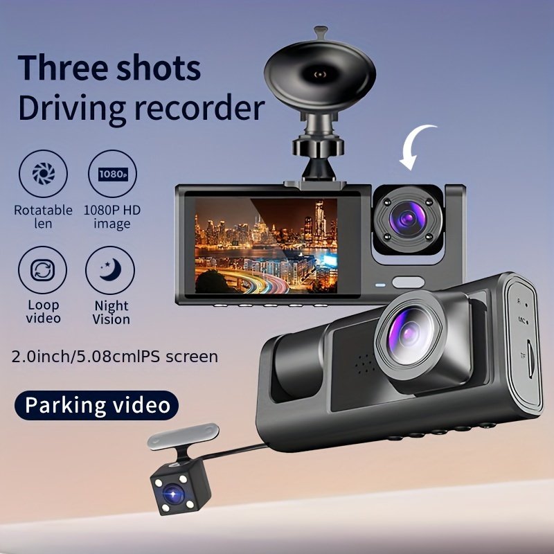 Vavupo Caméra de Voiture 2&3-Caméras - Enregistrement Avant & Intérieur 1080P, Écran IPS de 5.08cm, Capteur G-Sensor, Vision Nocturne, Enregistrement en Boucle