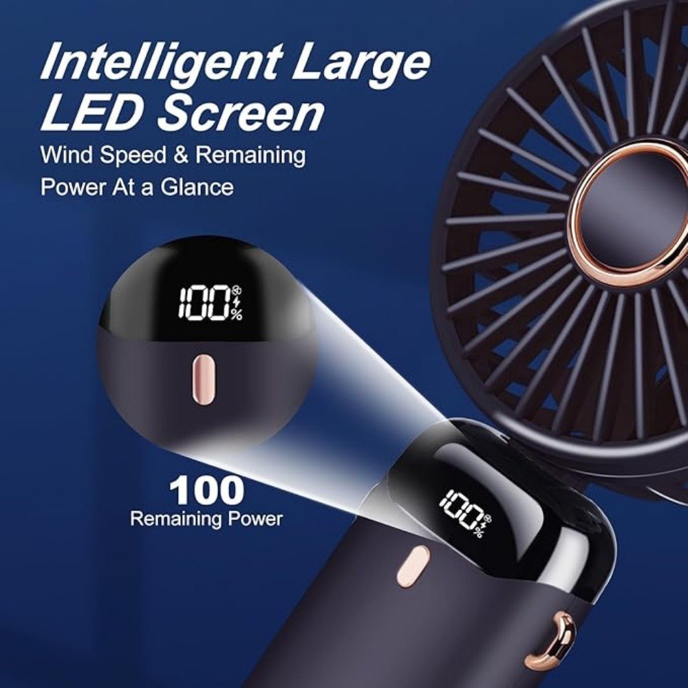 Ventilateur Pliable avec Support pour Téléphone, Rechargeable par USB, Affichage LED à 5 Vitesses Réglables, Conception Pliable à 90°