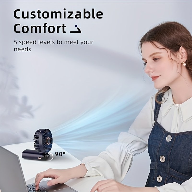 Ventilateur Pliable avec Support pour Téléphone, Rechargeable par USB, Affichage LED à 5 Vitesses Réglables, Conception Pliable à 90°