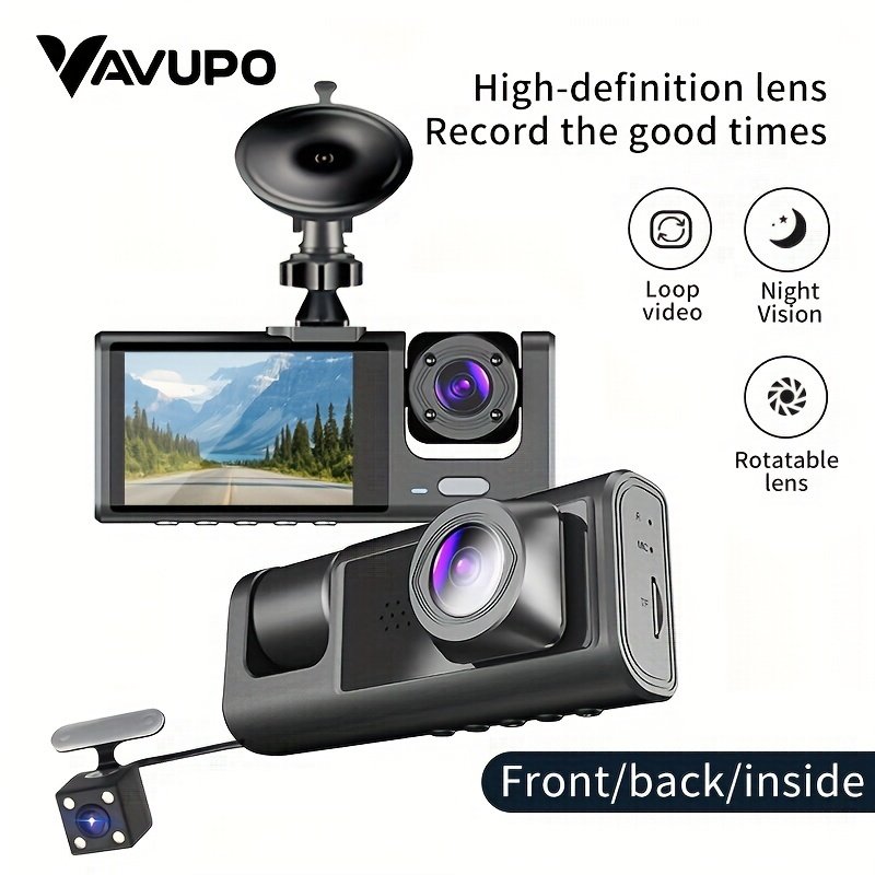 Vavupo Caméra de Voiture 2&3-Caméras - Enregistrement Avant & Intérieur 1080P, Écran IPS de 5.08cm, Capteur G-Sensor, Vision Nocturne, Enregistrement en Boucle