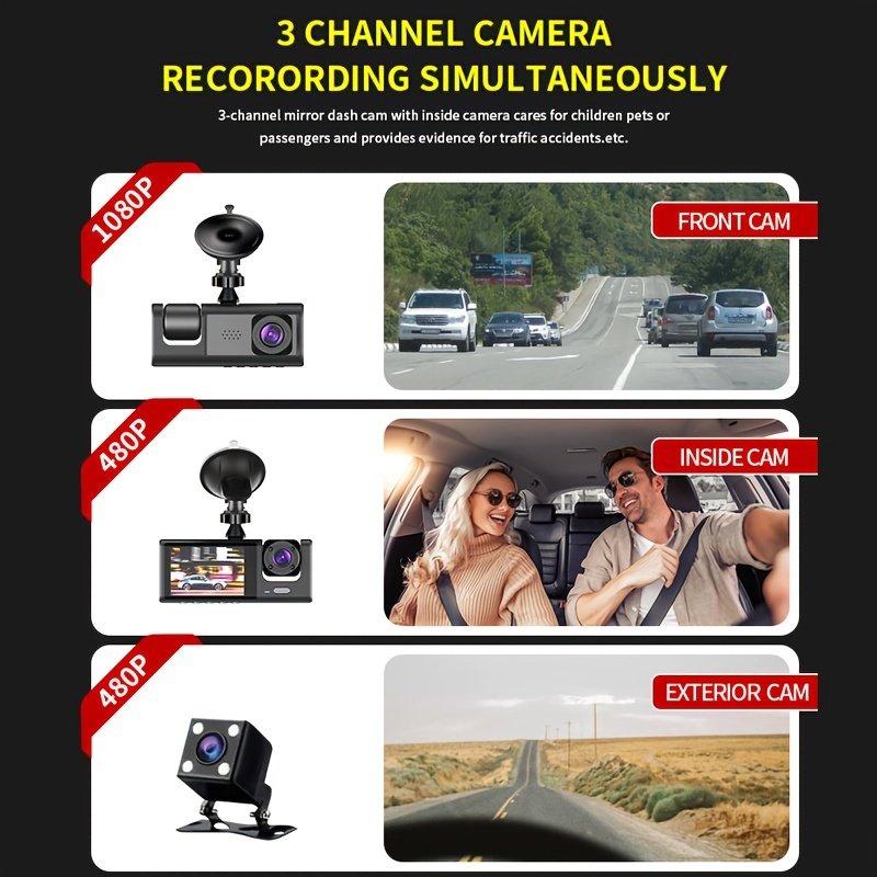 Vavupo Caméra de Voiture 2&3-Caméras - Enregistrement Avant & Intérieur 1080P, Écran IPS de 5.08cm, Capteur G-Sensor, Vision Nocturne, Enregistrement en Boucle