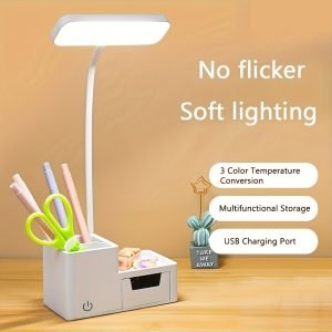 Lampe de Bureau LED avec 3 Modes de Couleur, Contrôle Tactile, Porte-Stylo Intégré et Support pour Téléphone - Alimentée par USB