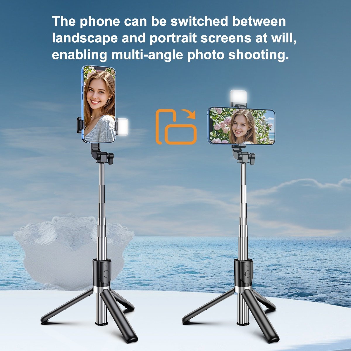Perche à selfie réglable, 72 cm de longueur, rotatif à 360°, inclut bouton d'appui sans fil