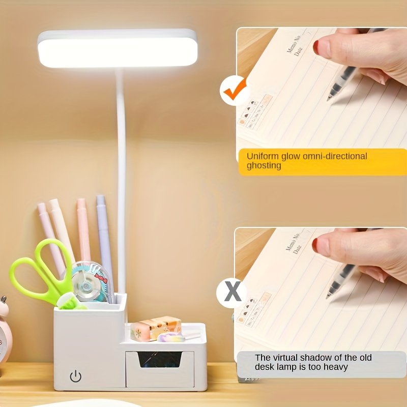 Lampe de Bureau LED avec 3 Modes de Couleur, Contrôle Tactile, Porte-Stylo Intégré et Support pour Téléphone - Alimentée par USB