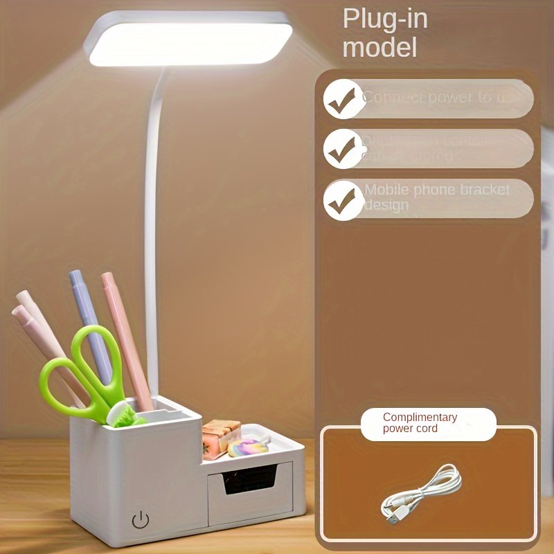 Lampe de Bureau LED avec 3 Modes de Couleur, Contrôle Tactile, Porte-Stylo Intégré et Support pour Téléphone - Alimentée par USB