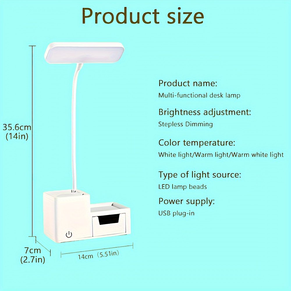 Lampe de Bureau LED avec 3 Modes de Couleur, Contrôle Tactile, Porte-Stylo Intégré et Support pour Téléphone - Alimentée par USB
