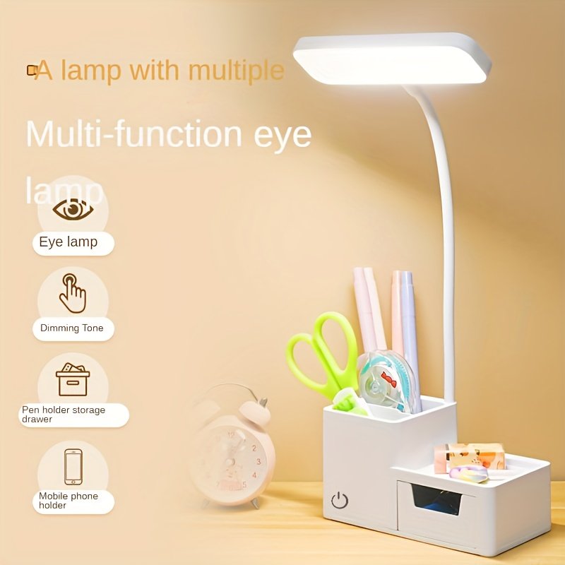 Lampe de Bureau LED avec 3 Modes de Couleur, Contrôle Tactile, Porte-Stylo Intégré et Support pour Téléphone - Alimentée par USB