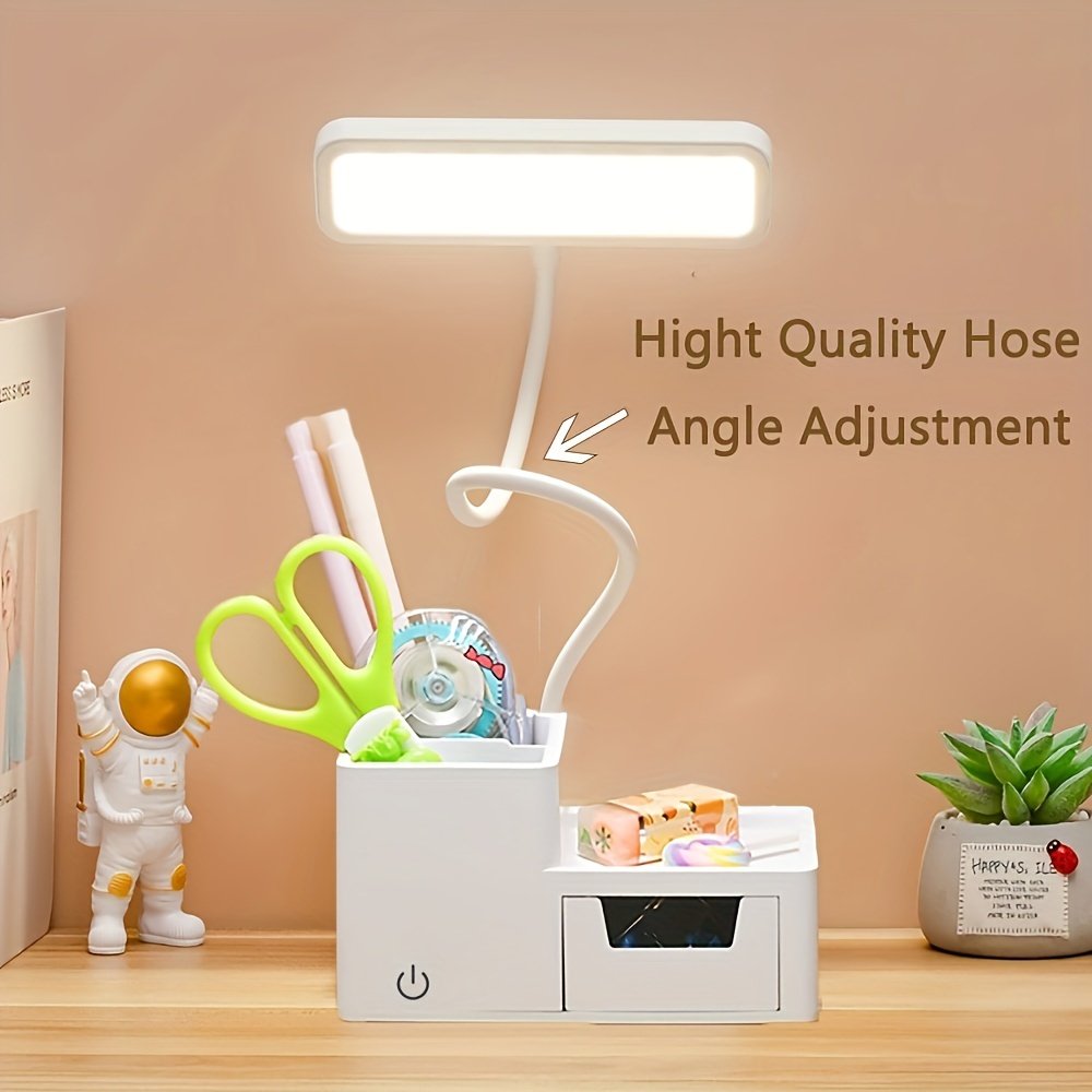 Lampe de Bureau LED avec 3 Modes de Couleur, Contrôle Tactile, Porte-Stylo Intégré et Support pour Téléphone - Alimentée par USB