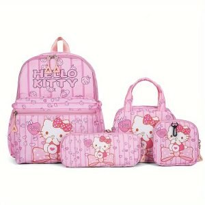 Ensemble de 4 pièces Hello Kitty : Sac à Dos, Trousse à Crayons, Sac Bandoulière, Portefeuille - Matériau en Nylon  - Choix Parfait pour l'École