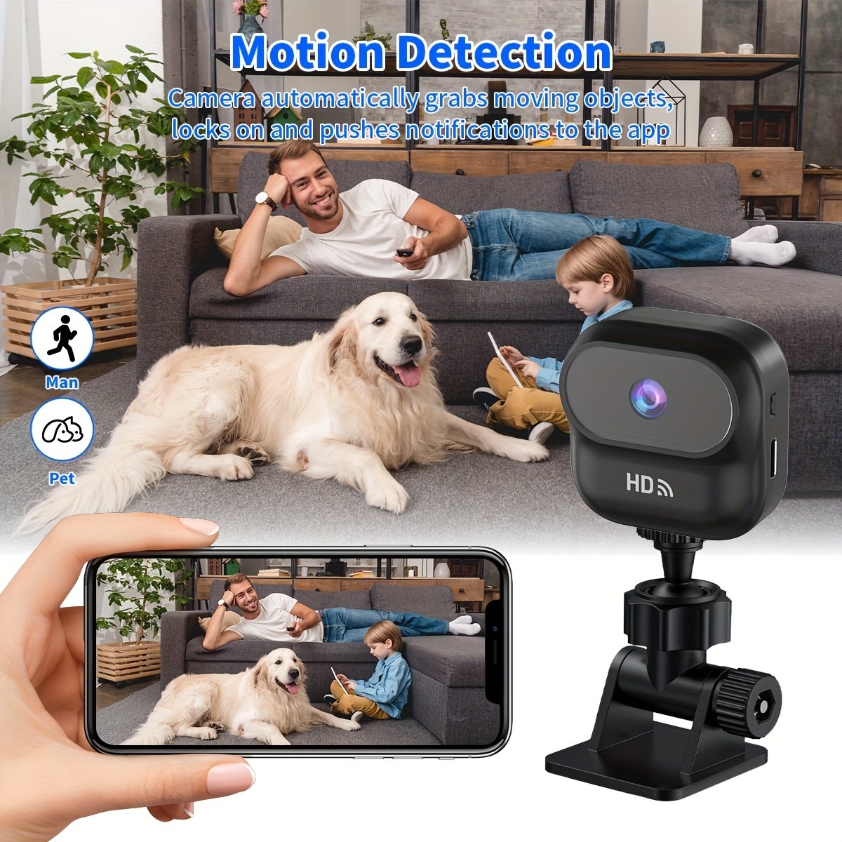 Mini Caméra de Sécurité, Compacte WiFi pour Intérieur/Extérieur - Détection en Temps Réel , Compatible Assistant Vocal, Surveillance Domestique 1080P