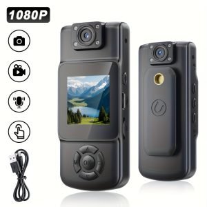 Caméra mini compacte 1080P HD enregistrement vidéo et audio, objectif pivotant à 180°, - Pas de carte TF incluse, rechargeable, noir