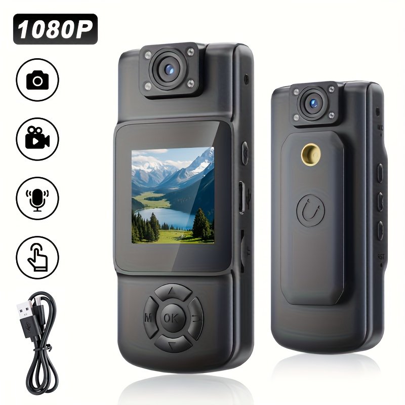 Caméra mini compacte 1080P HD enregistrement vidéo et audio, objectif pivotant à 180°, - Pas de carte TF incluse, rechargeable, noir