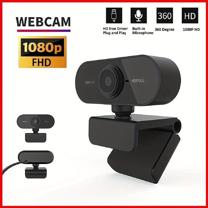 webcam Full HD 1080P avec microphone, compatible avec l'interface USB, adaptée aux ordinateurs portables et de bureau