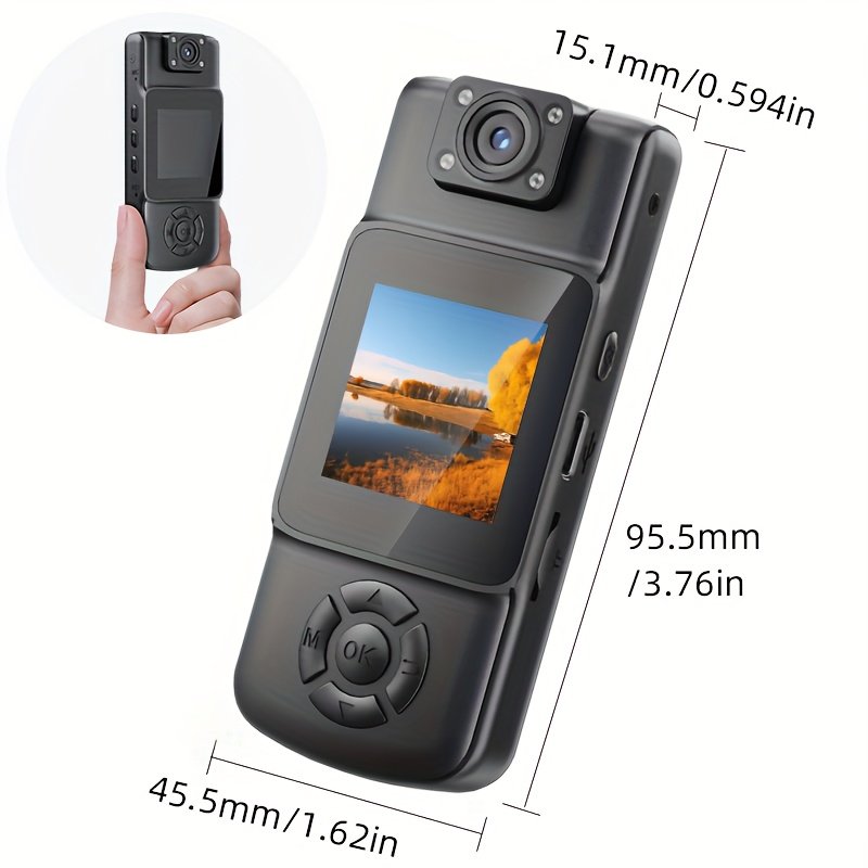 Caméra mini compacte 1080P HD enregistrement vidéo et audio, objectif pivotant à 180°, - Pas de carte TF incluse, rechargeable, noir