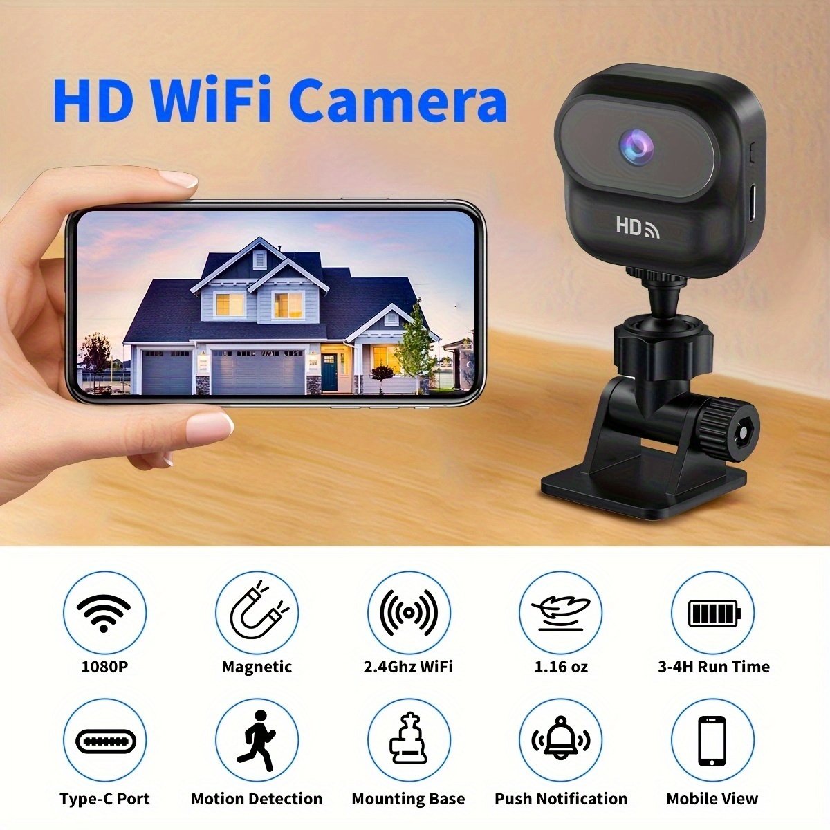 Mini Caméra de Sécurité, Compacte WiFi pour Intérieur/Extérieur - Détection en Temps Réel , Compatible Assistant Vocal, Surveillance Domestique 1080P