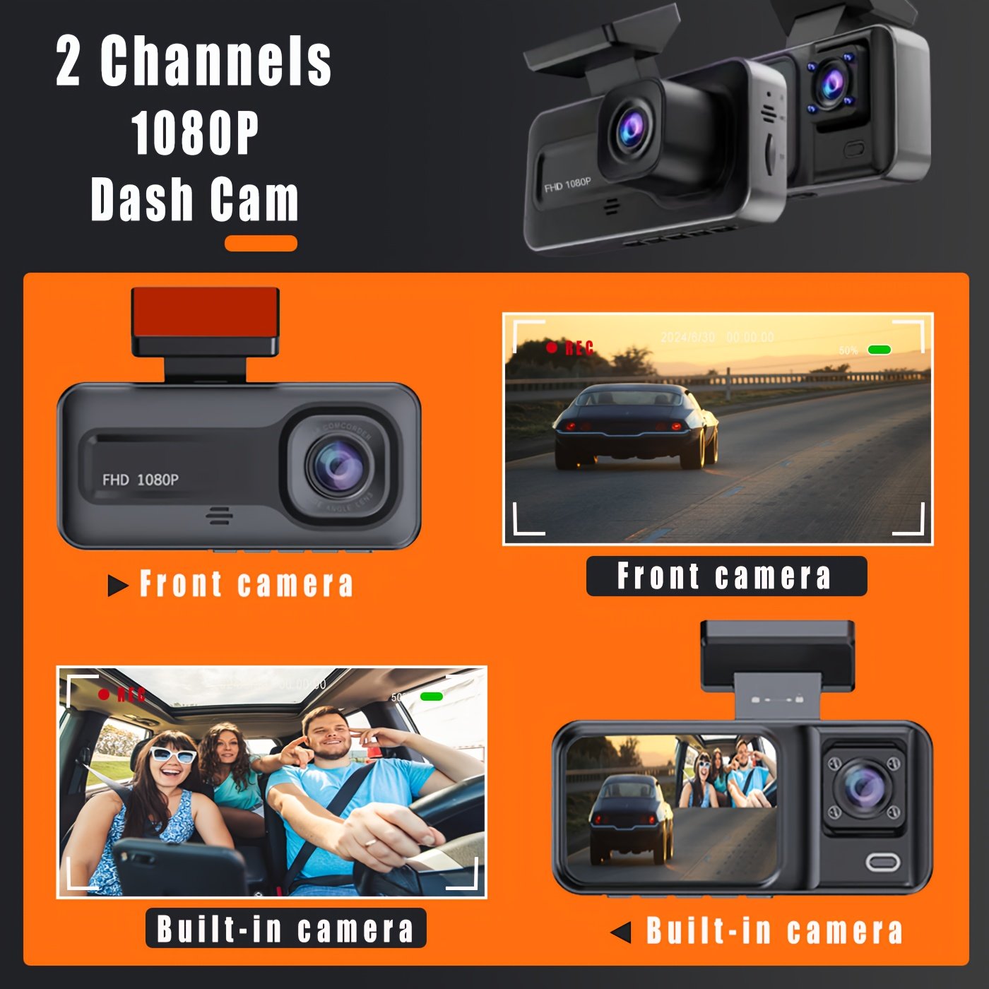 Caméra de Voiture , Enregistreur Vidéo HD 1080P Avant et 720P Intérieur/Arrière avec Vision Nocturne, G-sensor