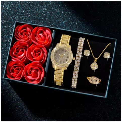 Ensemble montre-bracelet et collier pour femme, mode de luxe, cadeau de fête , 6 pièces