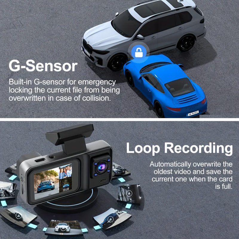 Caméra de Voiture , Enregistreur Vidéo HD 1080P Avant et 720P Intérieur/Arrière avec Vision Nocturne, G-sensor