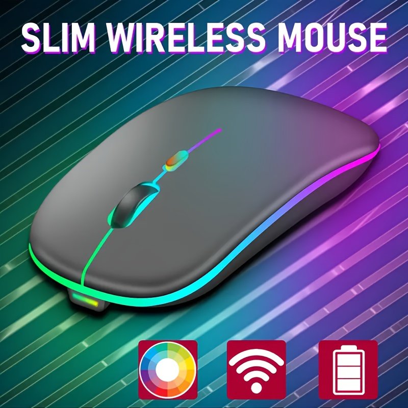 Souris sans fil Slim avec rétroéclairage LED , rechargeable par USB-C, clic silencieux et fonction clic, connectivité sans fil 2.4G+, pour ordinateurs portables/ordinateurs