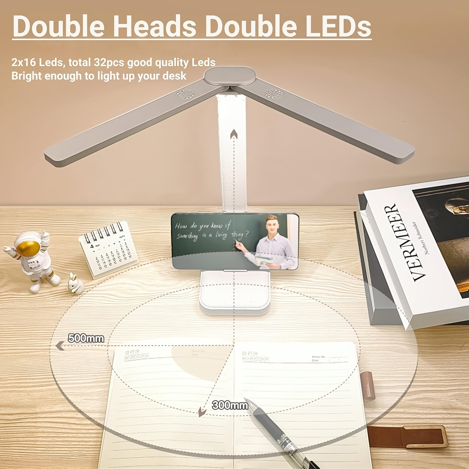 Lampe pliable intelligente à double tête LED réglable, adaptée à l'étude et au bureau, charge USB, longue autonomie, tactile