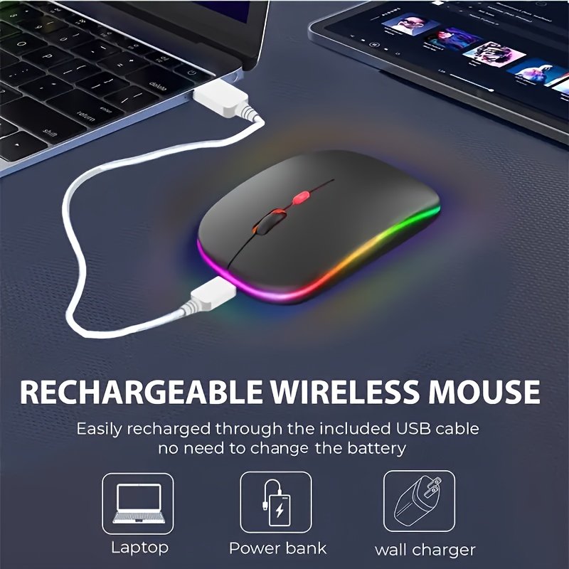 Souris sans fil Slim avec rétroéclairage LED , rechargeable par USB-C, clic silencieux et fonction clic, connectivité sans fil 2.4G+, pour ordinateurs portables/ordinateurs