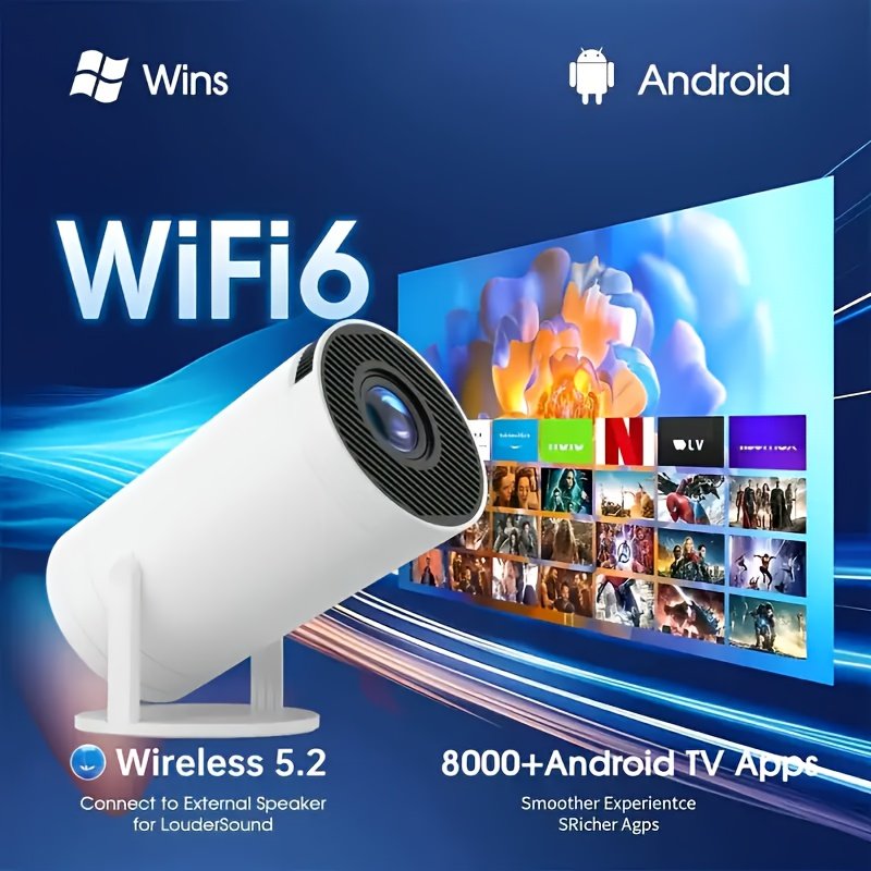 Projecteur Android 11 OS avec WiFi double bande, décodage 720P/4K, HDTV/USB/Priorités, pour home cinéma, bureau, jeux, streaming